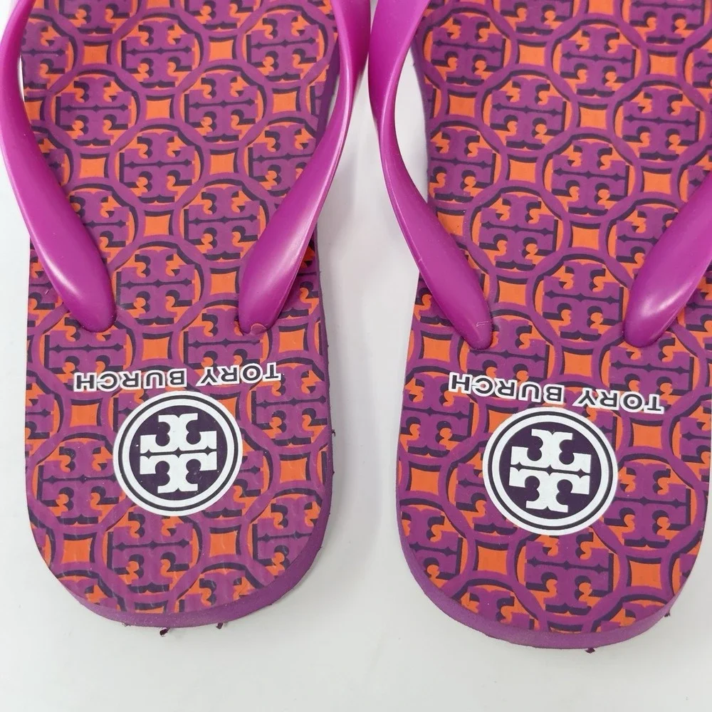 Tory Burch Thandie Logo Print Flip Flop Sandals Hot Pink Orange Womens 7